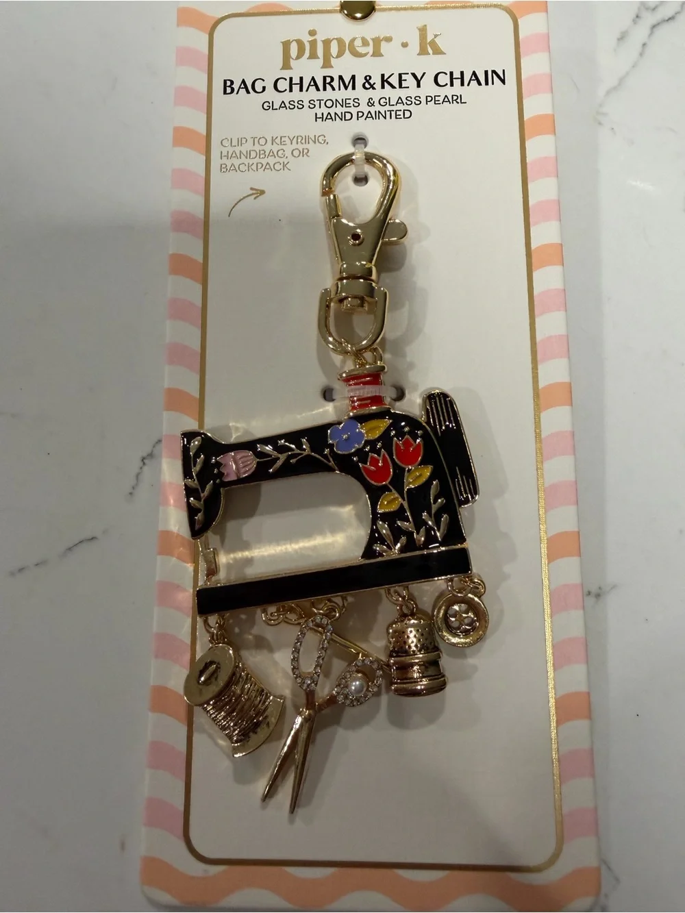 piper•k Black Floral Sewing Machine Bag Charm Key Chain with Gold Accents